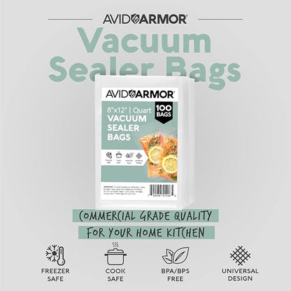 Avid Armor Vacuum Sealer Bags Quart 8x12 Inch 100 Pack for Food Saver, Seal a Meal Vacuum Seal Machines, Commercial Grade Heavy Duty BPA Free for Sous Vide and Meal Prep Precut Storage Bag