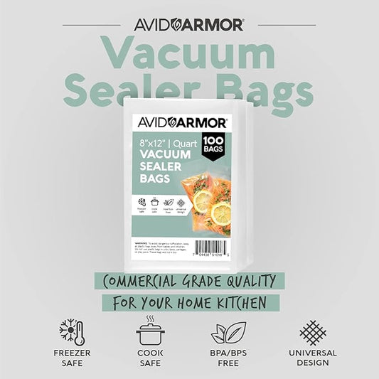 Avid Armor Vacuum Sealer Bags Quart 8x12 Inch 100 Pack for Food Saver, Seal a Meal Vacuum Seal Machines, Commercial Grade Heavy Duty BPA Free for Sous Vide and Meal Prep Precut Storage Bag