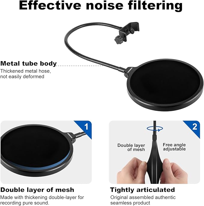 Aokeo Professional Microphone Pop Filter Mask Shield For Blue Yeti and Any Other Microphone, Mic Dual Layered Wind Pop Screen With A Flexible 360 Gooseneck Clip Stabilizing Arm