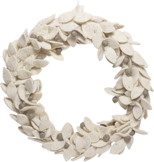DeKulture Handmade Premium Wool Felt Wreath (White) Eco Friendly Needle Felted Christmas Xmas Tree Decoration for Home Office Party Holiday Dcor, 13" (D) Inches
