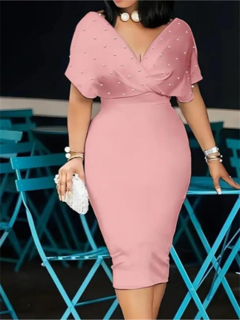 Hndudnff Women's Midi Dress V Neck Wrap Front Flutter Sleeve Pearl Bodycon Party Cocktail Dress.