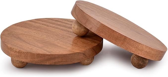 NIRMAN Display Stand Round Acacia Wood Stand for Display Wooden Stand for KitchenBathroom CounterPlant Stand (6" x 6" x 1.5"), (Set of 2)