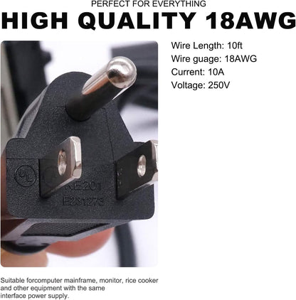 10FT AC Power Cord for ION Block Rocker, ION Pathfinder 2 3 4 280 320, ION Tailgater Speakers, ION Total Pa Supreme/Premier,Monster Rockin Rolle 2 3 4 360, Universal 3 Prong Charging Cable Replacement