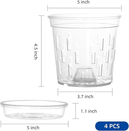 TRUEDAYS 4 Pack Orchid Pot with Saucers Garden Pot 5 Inch Clear Plastic Plant Pots with Drainage Holes for Indoor Outdoor Plants