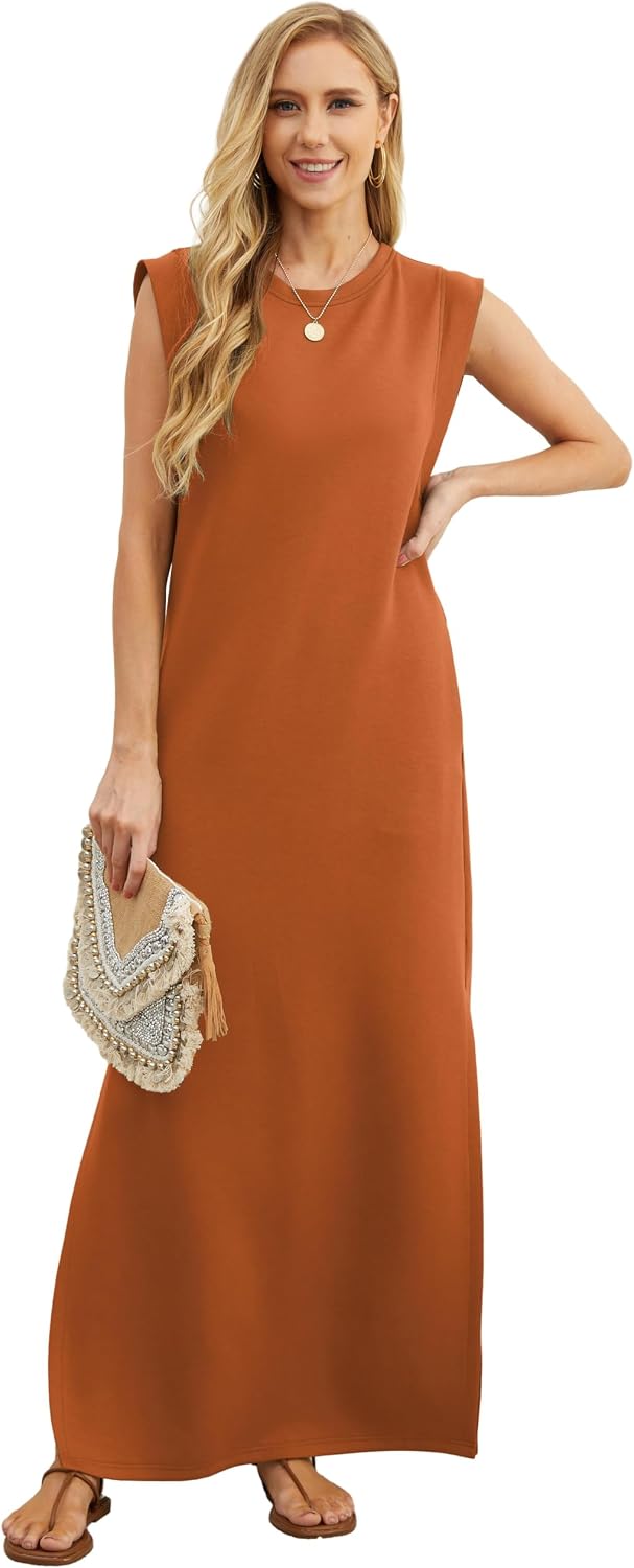 GRECERELLE 2026 Women Year-Round Casual Round Neck Loose Split Wrinkle-Free Long Maxi Vacation Dress with Pockets (XXS-4XL)