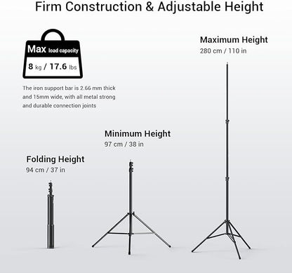 SMALLRIG Photography Light Stand 110"9.2ft280cm, Air-Cushioned Aluminum Photo Video Tripod Stand with 14" Screw for Softbox, Studio Light, Reflector and Ring Light, Max Load 8kg, RA-S280
