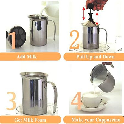 Foam Maker, Stainless Steel Manual Milk Frother, Manual Operated Milk Foam Maker, with Double froth screen, for Cappuccino Coffee Latte Hot Chocolate (800ML)