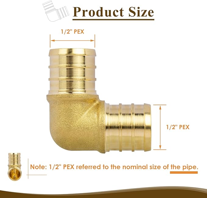 12" PEX Elbow 90 Degree, PEX Fitting for Plumbing Repairs, Sturdy and Durable Brass Crimp Fitting (5 Pack)