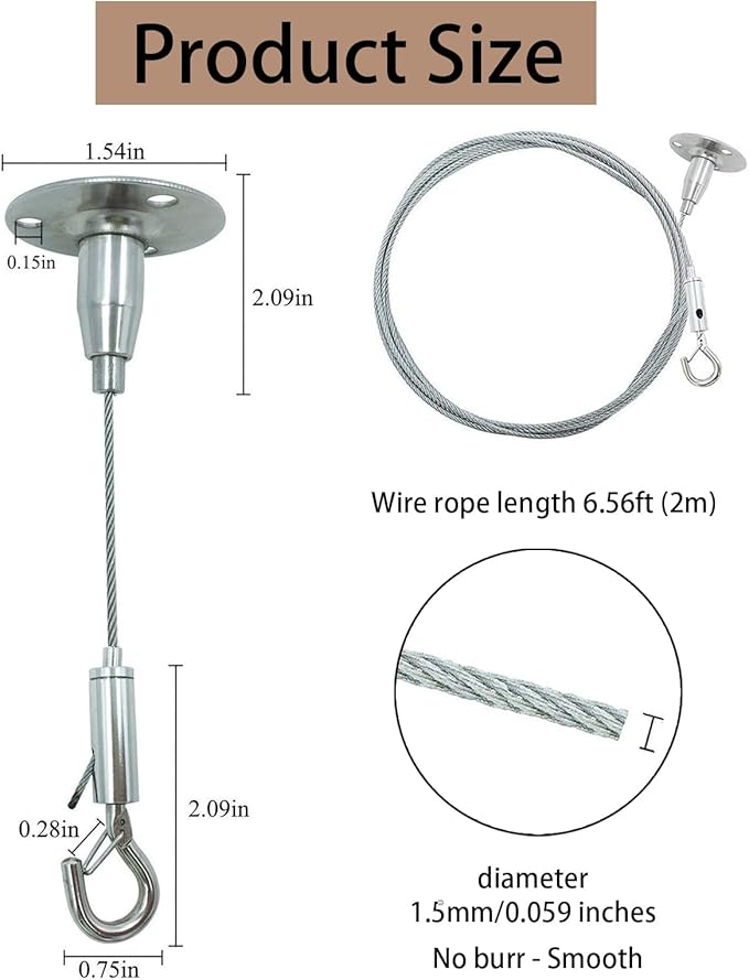 ZWIN 2m Adjustable Hanging Wire Kit - 1.5mm Heavy Duty Mirror Hanging Wire with Hook Wall Mount Suspension Cable for Picture, Photo, Light, LED Screen, Curtain, Holds Up to 30KG