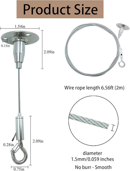 ZWIN 2m Adjustable Hanging Wire Kit - 1.5mm Heavy Duty Mirror Hanging Wire with Hook Wall Mount Suspension Cable for Picture, Photo, Light, LED Screen, Curtain, Holds Up to 30KG