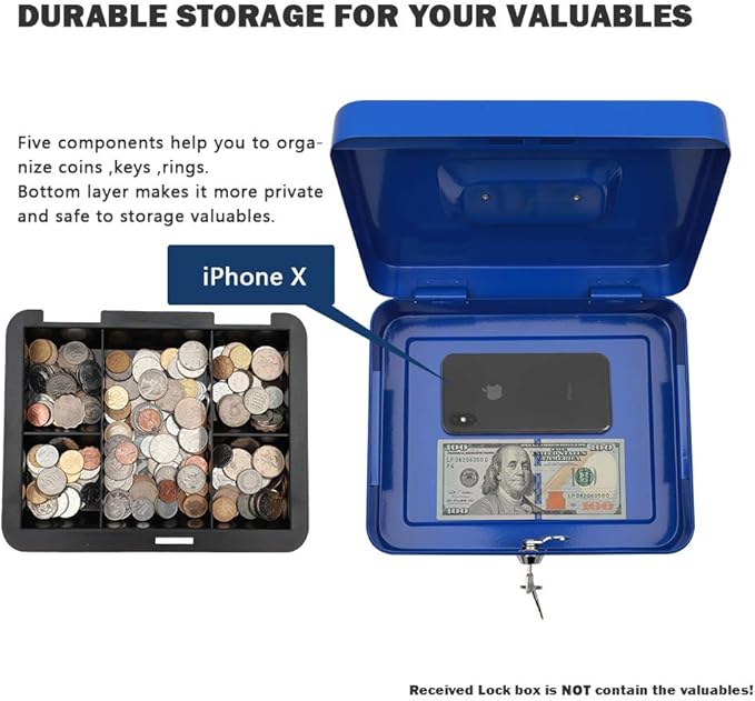 KYODOLED Large Lock Box with Money Tray,Storage Cash Box with Lock,Safe Metal Box for Money,9.84"x 7.87"x 3.54" Blue Large