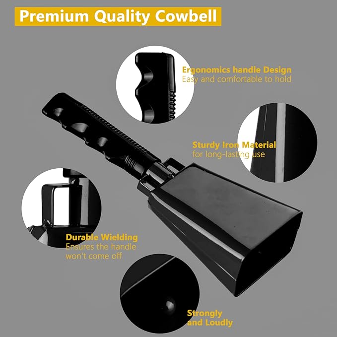 8 inch steel cow bells with handle, cheerleading hand bell for sporting events, football games, parties, farm, hand bells, musical instruments (8 inches, black)