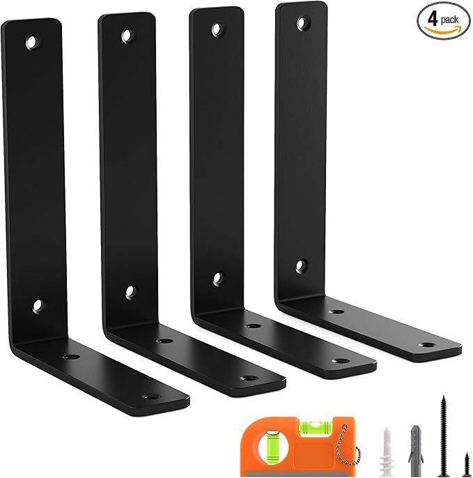 4 Pack 8 Inch Floating L Shelf Brackets for DIY,15 Inch Thick Heavy Duty Metal Shelf Bracket for Wall,Premium Black Powder Coated Steel