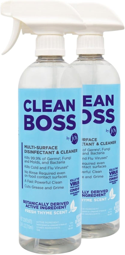 CleanBoss Botanical Disinfectant - 24 oz (Pack of 2) - Multi-Surface Cleaner - Kills 99.9 of Germs  Cold  Flu Viruses - Fresh Thyme Scent - No Rinse on Food Contact Surfaces - Pet Friendly