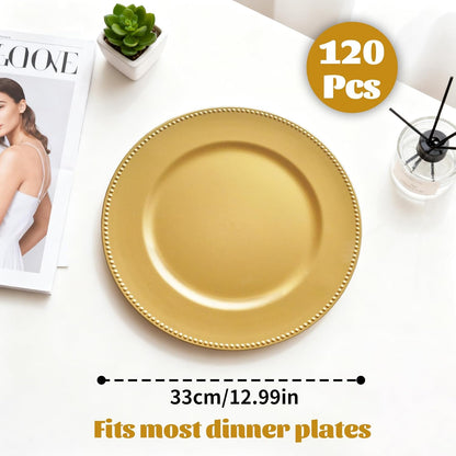 120-Pack Gold Charger Plates 13" – Durable PP Round Disposable/Reusable Dinner Chargers, Bulk Wedding Banquet Catering Table Setting, Holiday Party Placemats