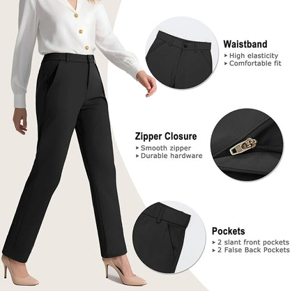 iChosy Women's Stretchy Straight Leg Dress Work Pants Business Office Casual Slacks with Pockets.