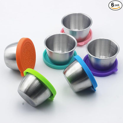 Stainless Steel Dipping Sauce Cups with Silicone Lids  6 Pack Reusable Salad Dressing Container To Go,Dip Containers, 2.4oz Leak-Proof Condiment Cups for Lunch Boxes, Meal Prep, and Travel