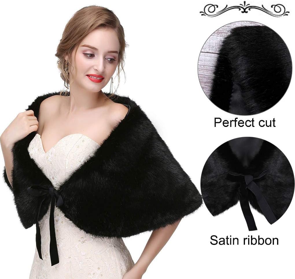 Luxurious faux fur wrap from Olbye, perfect for adding glamour to winter weddings or events, soft, satin-lined shawl.