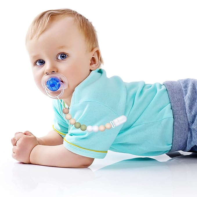 Pacifier Clips for Baby Boys Girls Paci Clip Holder Birthday Gift 2 Pack (Green Grey)