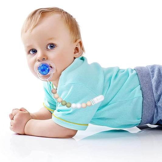Pacifier Clips for Baby Boys Girls Paci Clip Holder Birthday Gift 2 Pack (Green Grey)