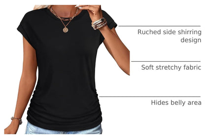 SAMPEEL Womens Summer Tops Trendy 2025 Ruched Cap Short Sleeve Tshirts Shirts Crew Neck T Shirts Fashion.