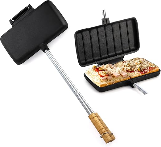Coloch Double Pie Iron Sandwich Maker, Cast Iron Campfire Sandwich Maker with Long Handle Handheld Pie Maker Portable Campfire Cooking Equipment for Camping, Pie, Sandwich Making