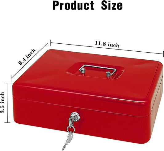 Steel Cash Box with Key Lock, Metal Small Money Organizer with Money Tray,Cash Storage Box with Lockable Cover (Red - 12 inch)