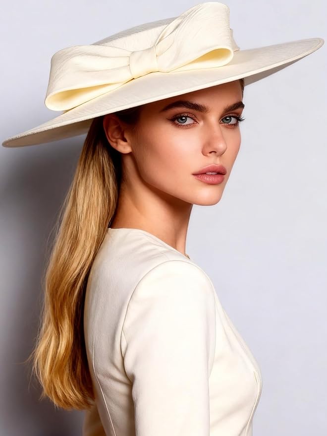 Wide Brim Hats for Women Big Bowknot Formal Occasion Kentucky Cap Lady Wedding Cocktail Party Flat Top Fedoras