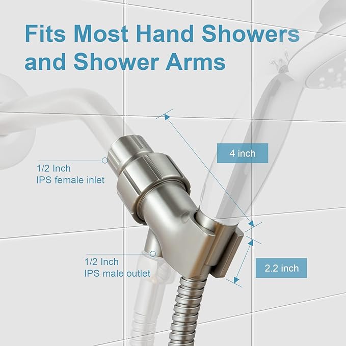 OFFO Shower Head Holder for Handheld Shower Head, Brushed Nickel Adjustable Shower Arm Mount for Connecting Shower Arm and Shower Hose, 12 Inch IPS Female Inlet and Male Outlet