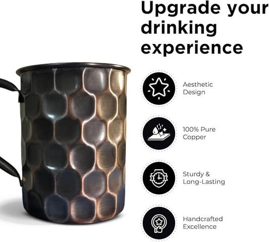 Premium Ayurvedic Copper Mug With Handle- 16OZ473ML Pack of 1 Black Honeycomb Design  100 Pure Copper Moscow Mule Mugs For Drinking  Party Mugs  Drink Ware  Mugs for Drinks