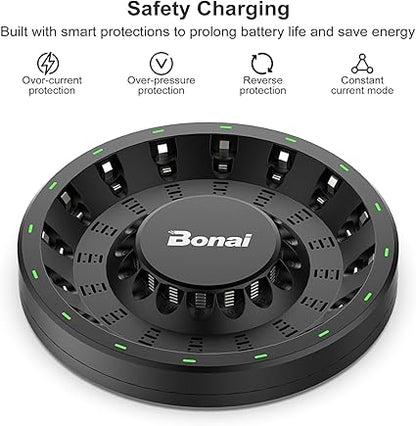 BONAI AA AAA Rechargeable Battery Charger for NiMH NiCD Batteries with AC High-Speed Plug Cable and Smart LED Light
