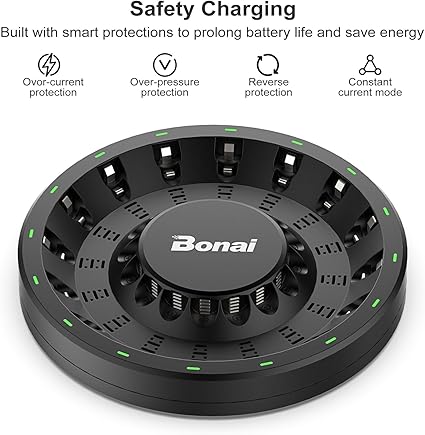 BONAI AA AAA Rechargeable Battery Charger for NiMH NiCD Batteries with AC High-Speed Plug Cable and Smart LED Light