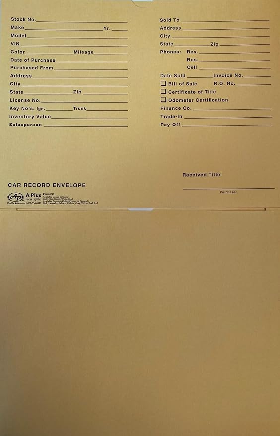 A Plus Car Record Envelope 19 Vehicle Dealer Jackets, 100 Quantity, Buff (W3)