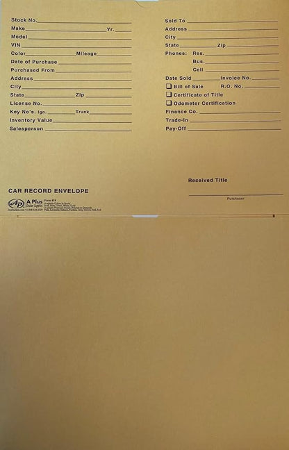 A Plus Car Record Envelope 19 Vehicle Dealer Jackets, 100 Quantity, Buff (W3)