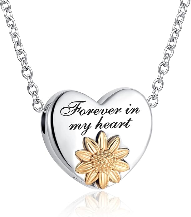 Gold Sunflower Cremation Heart Urn Necklaces for Ashes Women Men Memorial Engraved Forever in My Heart Keepsake Pendant Dad Mom Grandma