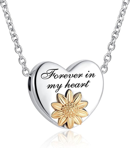 Gold Sunflower Cremation Heart Urn Necklaces for Ashes Women Men Memorial Engraved Forever in My Heart Keepsake Pendant Dad Mom Grandma