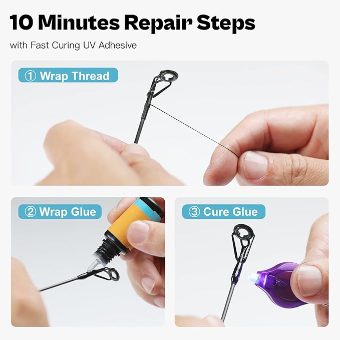 OJYDOIIIY Fishing Rod Tip Repair Kit with Glue,Complete Supplies for Fishing Pole Tip Replacement with Fishing Rod Epoxy,Top Eyelets and Wrapping Thread