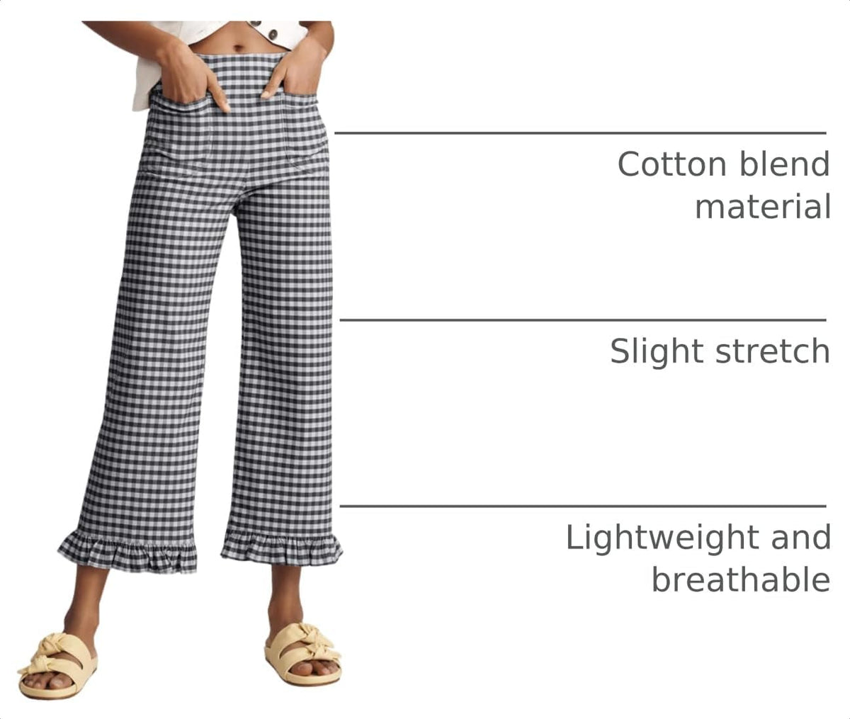 Women's Plaid Flare Pants Summer Casual Gingham Elastic Waist Ruffle Cropped Hem Y2K Loose Fit Trousers with Pockets