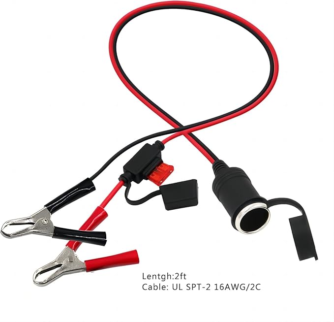 KUNCAN Cigarette Lighter Adapter - Female Socket to 12v Battery Alligator Clips for Auto Car Battery Clamp to Lighter Plugs Cigar Charge Extension Cable Cord 2FT
