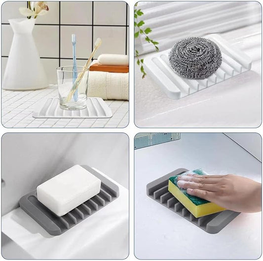 2PCS KAJUDA Self Draining Soap Dishes, Premium Silicone Soap Holder  Saver for Shower, Bathroom, Bath Tub, Razor, Sponges, Bar Soap Dish to Keep Soap Dry, Can Extend Soap Life, Easy Clean (White)