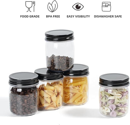 8 Ounce Clear Plastic Mason Jars With Screw On Lid, Reusable Empty Jars for Food Storage, Round BPA Free Containers for Sealing, Dry Food, Snacks, Candies, Breakage-proof, (Black - 16 Pack)