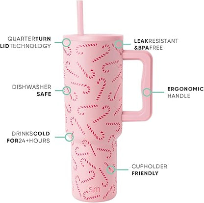 Simple Modern 40 oz Tumbler with Handle and Straw Lid  Insulated Reusable Stainless Steel Water Bottle Travel Mug Cupholder Friendly  Gift for Women Men  Trek Collection  Pink Candy Cane Toss