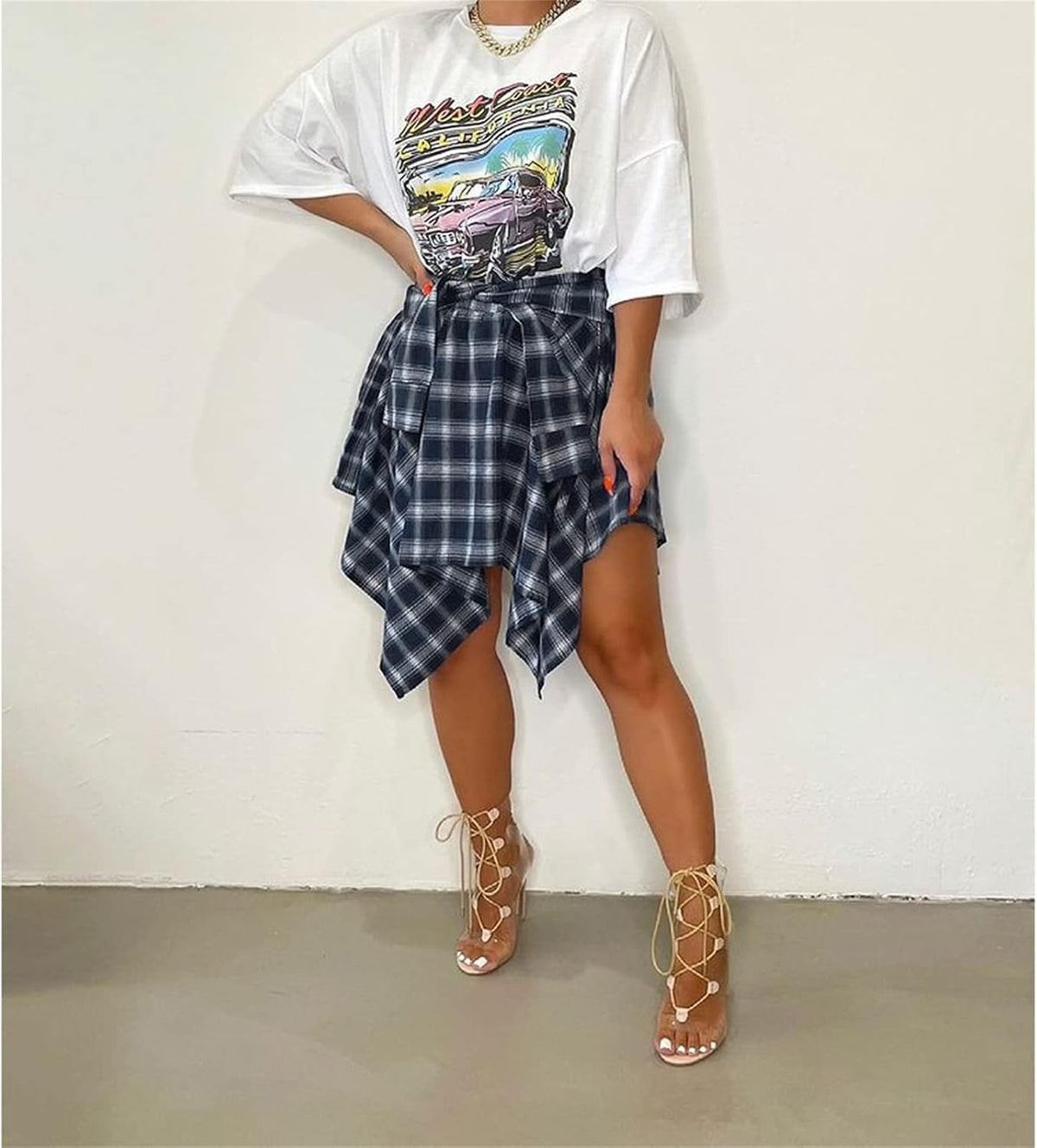 Women Plaid High Waisted Asymmetrical Skater Skirt | Soft Fabric, knot front design, versatile pleated midi skirts, 90s outfits, trendy y2k grunge style, concert daily wear