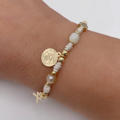 St Jude Thaddeus Blessed Bracelet for Health Pray Saint of Hope and Impossible Causes Pulsera de San Judas Adjustable Religious Jewelry for Women and Teenagers (Ivory)