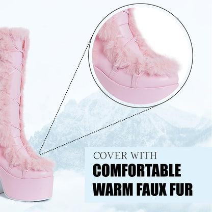 CELNEPHO Knee High Boots For Womens Side Zipper Warm Faux Fur Platform Chunky Heel Punk Goth Walking Winter Snow Boots