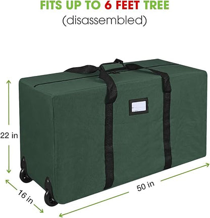 ProPik Rolling Christmas Tree Storage Bag, Fits Up to 7.5 Ft. Tall Disassembled Holiday Tree, 22" x 16" x 50", Large Heavy Duty Xmas Storage Container with 2 Wheels & Handles, 600D Oxford (Green)