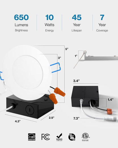 Sunco 4 Inch Ultra Thin LED Recessed Ceiling Lights Slim, 5000K Daylight, Dimmable, 10W, Wafer Thin, Canless with Junction Box 2 Pack - Energy Star ETL T24.