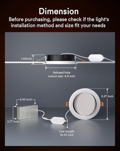 Lumary Smart LED Recessed Lighting 4 Inch, 35520 Wi-Fi Gimbal Recessed Lights, Color Changing Canless Downlight, Compatible with Alexa  Google, 9W 780lm CRI90 FCC 1 Pc