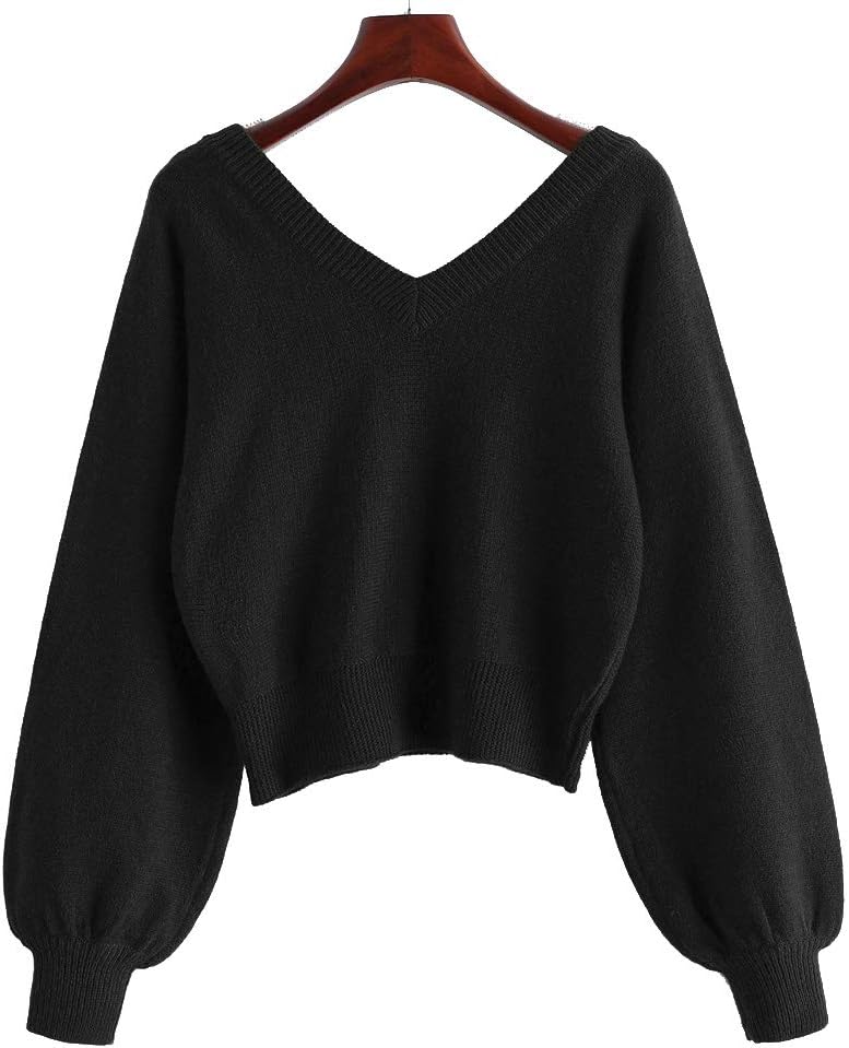 ZAFUL Women's Cropped Sweater V-Neck Long Sleeve Crop Sweater Pullover Jumper Knit Top