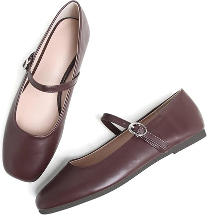 Brown Not Coffee Color TN TANGNEST Women's Leather Flats Square Toe Dress Flats | Retro Soft Mary Jane Flats, Breathable Lightweight Ballet Flats with Adjustable Strap, Comfort Casual Work Shoes